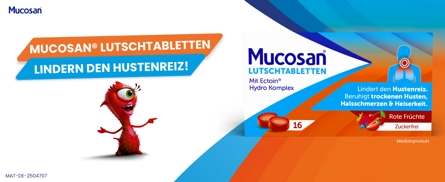 Werbung für Mucosan Lutschtabletten. Packung, 16 Tabletten. Text: Lindert Hustenreiz. Mit roter Frucht.